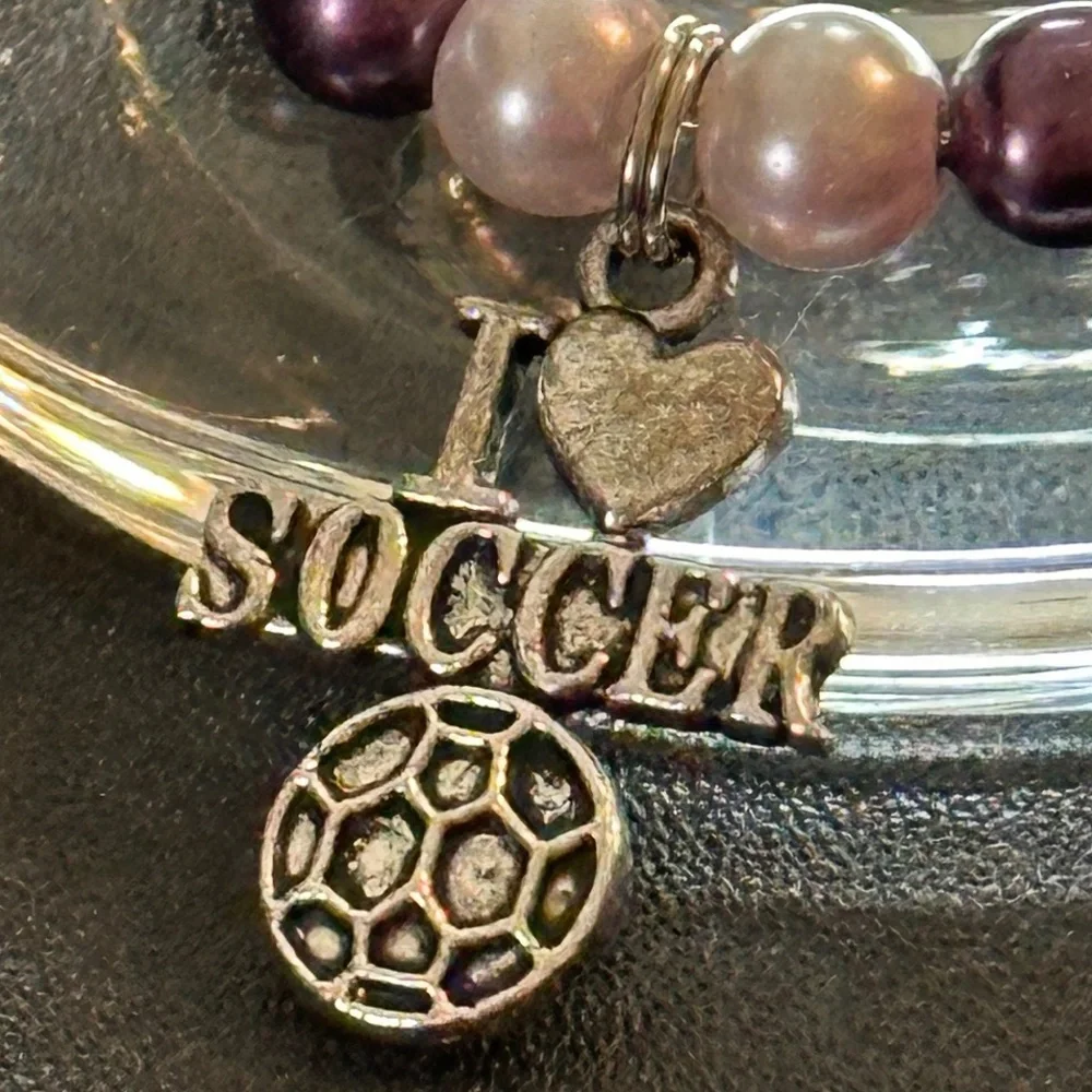 Wine glass tag, stainless steel purple/white/metal beads, Soccer charm